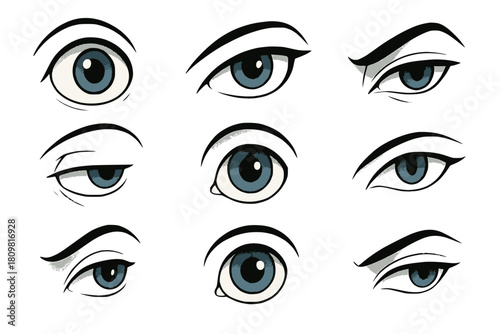 A compilation of stylized cartoon-realistic eyes, each rendered with unique curvature and linework, white background