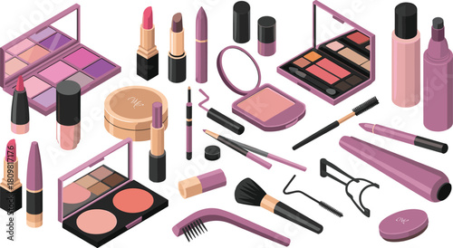 Isometric illustration of cosmetic makeup products including lipstick, eyeshadow, brushes, mascara, eyeliner, foundation, and beauty accessories on white background