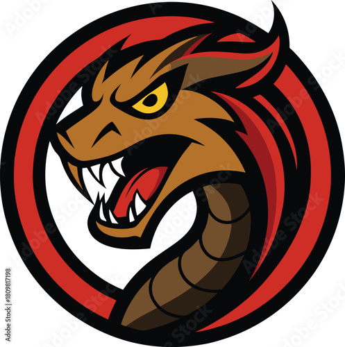 Fierce dragon head emblem with sharp teeth and angry eyes isolated on white background