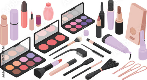 Isometric illustration of cosmetic makeup products including lipstick, eyeshadow, brushes, mascara, eyeliner, foundation, and beauty accessories on white background