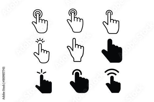 A comprehensive vector set of hand cursor icons for user interface and web design, illustrating actions like clicking, tapping, and selecting on digital devices and screens.
