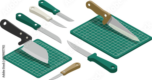 Isometric illustration of craft knives and cutting mats with green handles, precision tools for art, design, hobby, and crafting projects