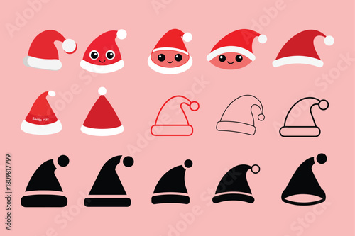 A versatile set of Santa hat icons featuring various styles, including outline, solid, and cartoon designs. Perfect for Christmas and holiday season projects.