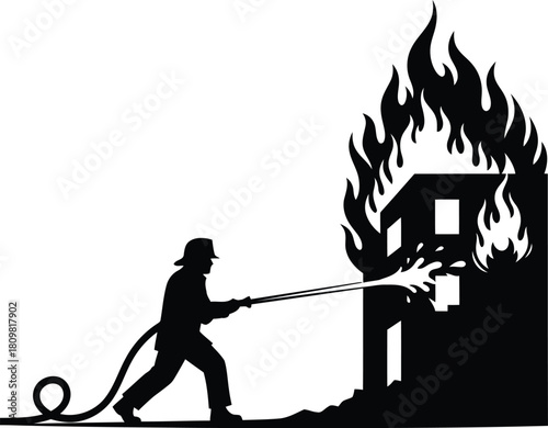 Firefighter fighting fire silhouette image, water hose extinguishes flames, building on fire, rescue concept