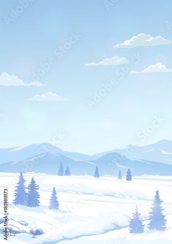 Landscape of a snowy valley. Spruce trees and bushes in snowdrifts, winter frosty day. Mountain ranges in the distance. Design for a poster, greeting card, cover, brochure. Vector illustration.