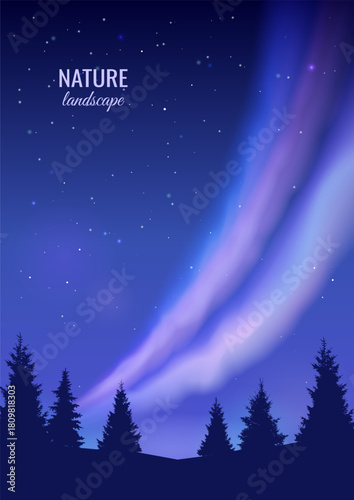 Landscape of the northern lights in the dark night sky. Dark silhouettes of fir trees. Vector illustration.