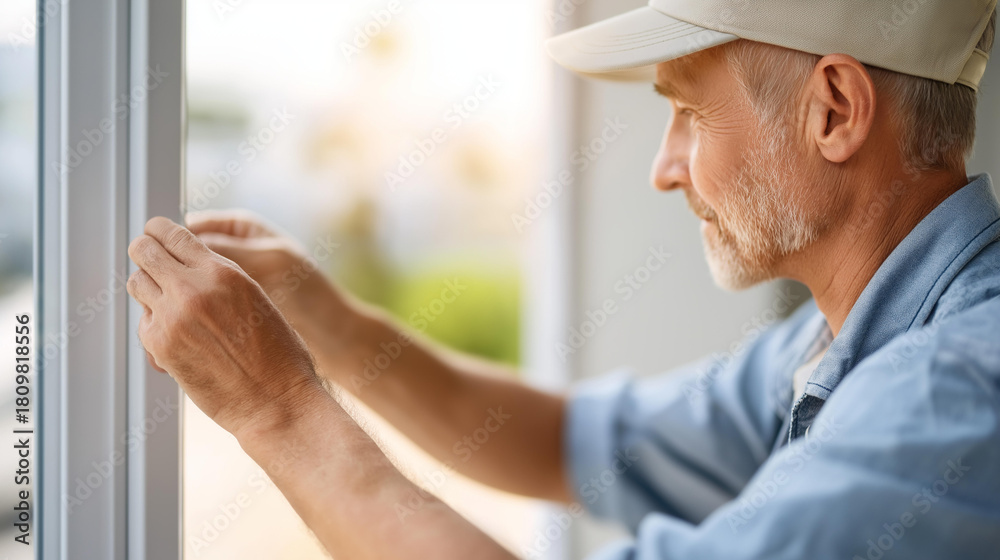 Fototapeta premium Construction worker installing sliding window defocused new house, faceless fitting process, window visualization detail, blurred residential background, building concept, installa