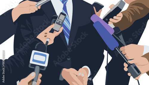 Press Conference: Microphones and Reporters Interviewing a Politician or Public Figure