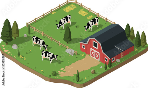 Isometric illustration of dairy farm scene with cows grazing near red barn
