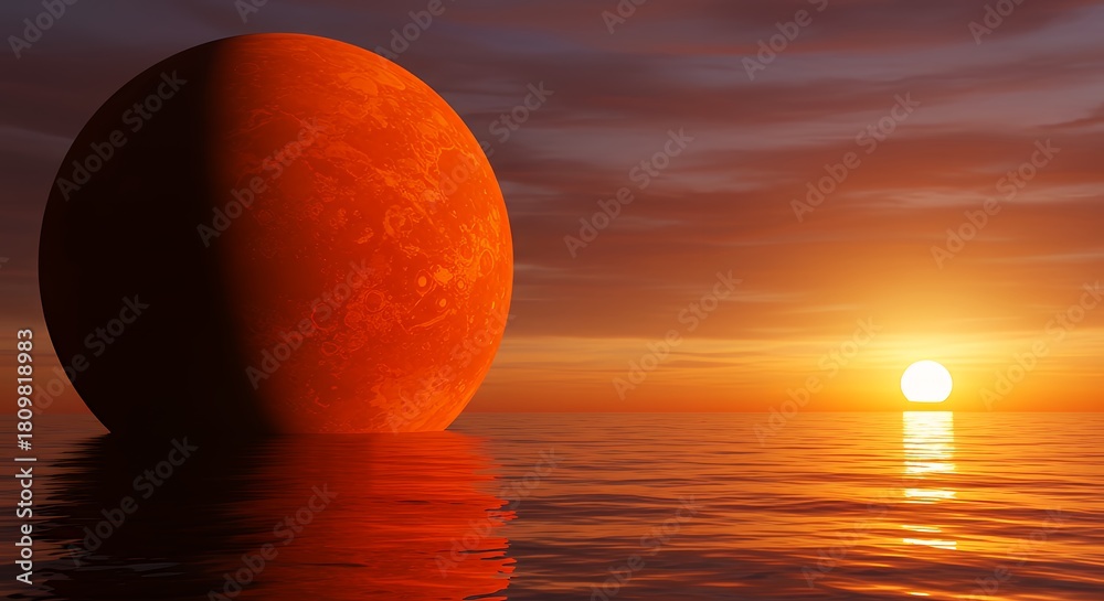 Fototapeta premium Red Planet Moon Over Ocean Sunset with Warm Colors and Calm Atmosphere