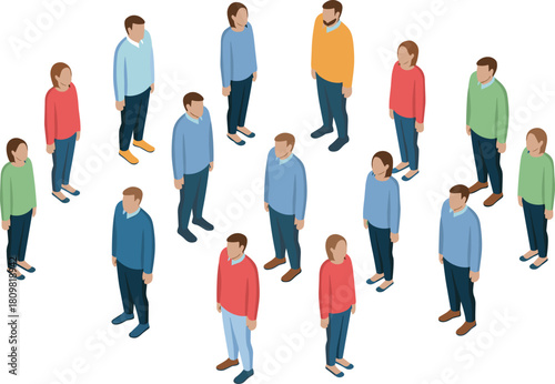 Isometric illustration of diverse group of people standing together, representing community, teamwork, social interaction, and human connection concept
