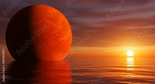 Red Planet Moon Over Ocean Sunset with Warm Colors and Calm Atmosphere