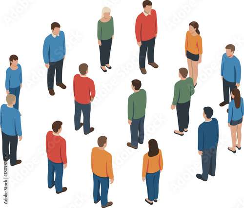 Isometric illustration of diverse group of people standing together, representing community, teamwork, social interaction, and human connection concept