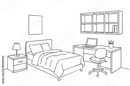 Children room graphic black white home interior sketch illustration vector