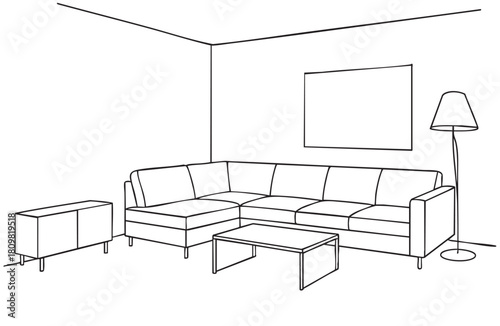 Sketchy linear illustration of living room interior with sofa