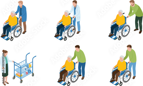 Isometric illustration of elderly patient care, wheelchair assistance, doctor and caregiver helping senior person, medical support, healthcare and rehabilitation concept