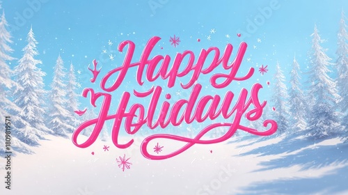 Festive happy holidays greeting in vibrant pink calligraphy set against a serene winter wonderland landscape with snow covered trees