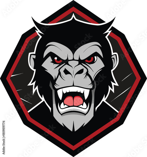 Fierce gorilla face with red eyes and sharp teeth isolated on white background