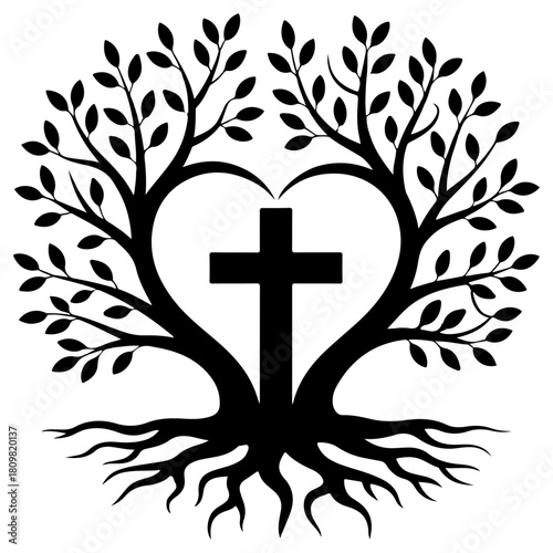 A symbolic representation of faith, hope, and life with a cross intertwined with a tree and a heart shape. This image evokes feelings of spirituality, love, and growth.