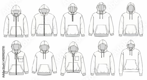 Collection of Hoodie Fashion Flat Sketches for Apparel Design.