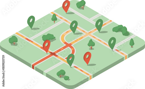 Isometric illustration of GPS map with red and green location pins, city streets, and trees representing navigation and route planning