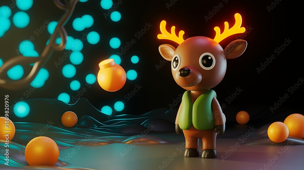 Fototapeta premium Cute cartoon reindeer character with glowing antlers and orange balls animal