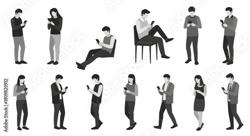 Diverse Group of People Engaged with Smartphones in Various Poses.