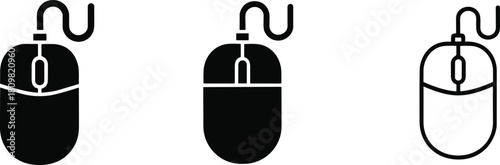 Wired computer mouse icons set representing clicking, control, and cursor movement Vector