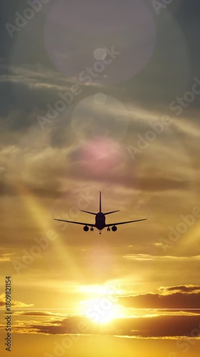 Passenger Airplane Taking Off Into A Beautiful Sunset.