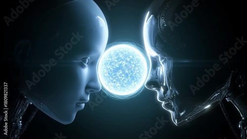 Two heads facing each other in a dark minimal environment, a glowing energy sphere gradually appearing between them, concept of energy, connection