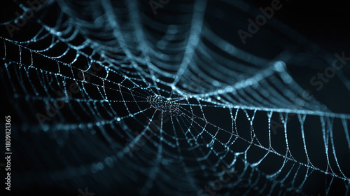 An Intricate Spiderweb bathed in blue light creating a sense of mystery and fascination