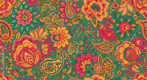 Vibrant floral paisley pattern with intricate details and rich colors, a beautiful design.