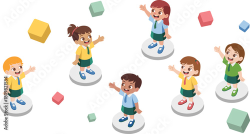 Isometric illustration of happy school children standing and waving, education concept, teamwork, friendship, childhood fun, and playful learning