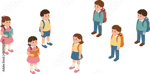 Isometric illustration of happy school children standing and waving, education concept, teamwork, friendship, childhood fun, and playful learning