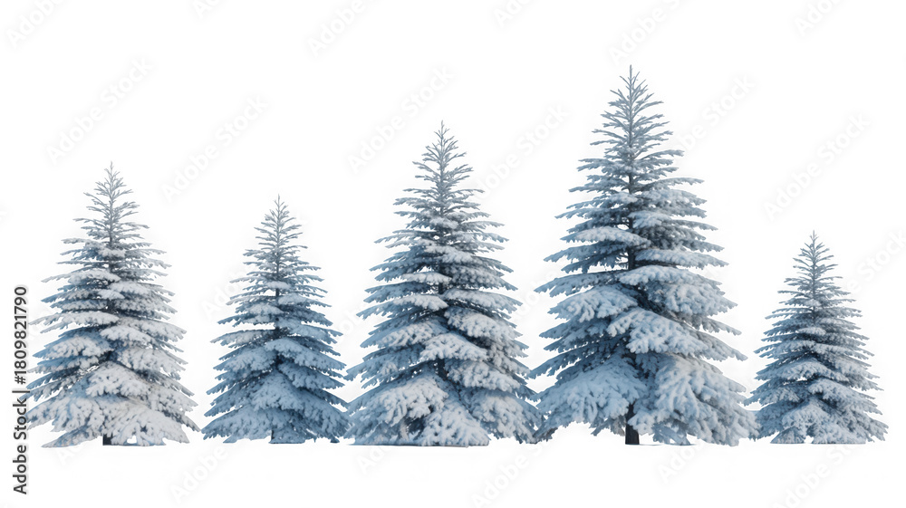 Fototapeta premium Snow-covered pine trees isolated for winter holiday design isolated on transparent background