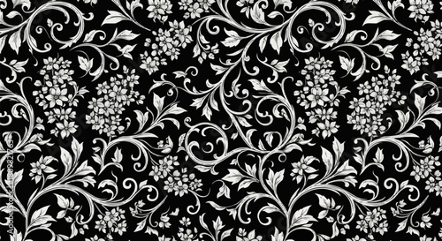 Elegant monochrome floral pattern with swirling vines and leaves.