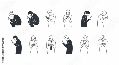 Diverse group engrossed in smartphones, showcasing modern digital engagement.