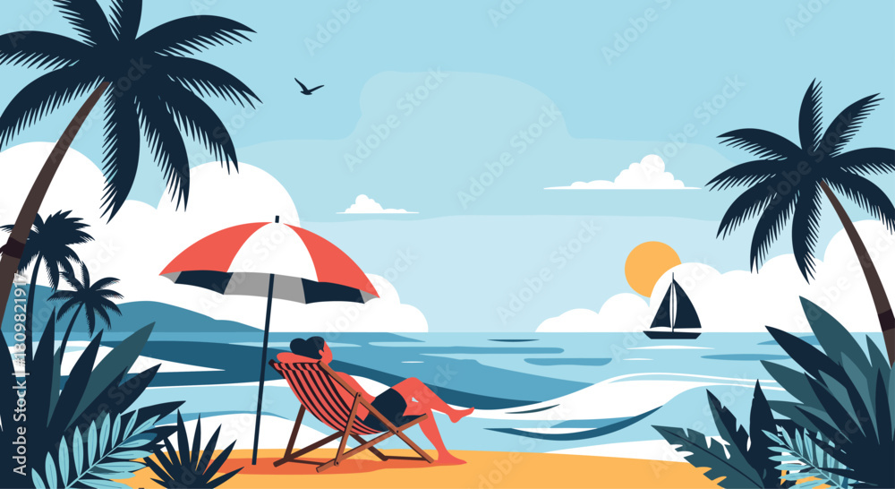 Obraz premium A tranquil summer vacation scene with a person relaxing on a beach chair watching a sailboat on the ocean by palm trees.