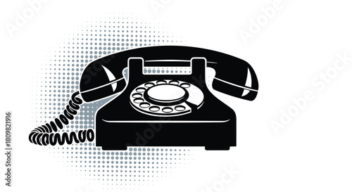 A bold black silhouette of a vintage rotary telephone set against a subtle grey halftone dot pattern background on white.