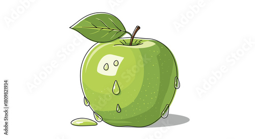 A shiny green apple with a single leaf and dripping water droplets illustrated in a bright and fresh cartoon art style.