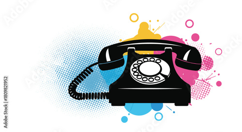 A stylized pop art illustration of a black retro rotary telephone against a background of colorful splashes and halftone dots.