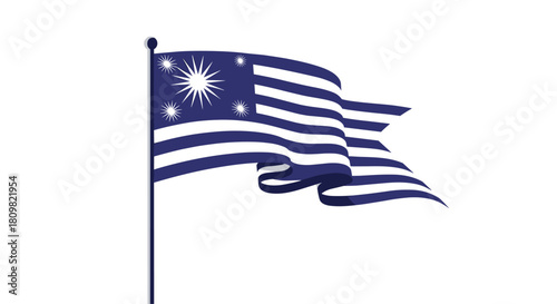An illustration of a fictional blue and white striped flag with stars waving on a flagpole against a plain white background.