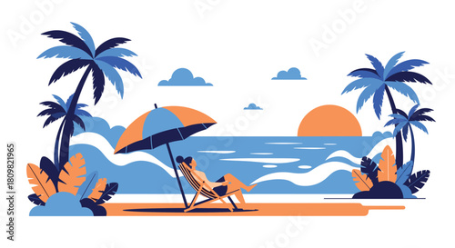 A person relaxes in a beach chair under an umbrella enjoying the ocean view during a beautiful sunset on a tropical island.