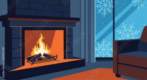 A cozy indoor scene with a warm fire burning in a brick fireplace next to a window showing a snowy winter landscape.