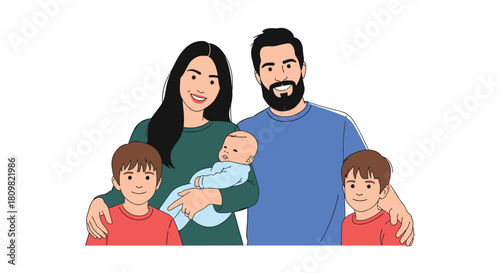 A lovely illustrated portrait of a happy young family with a mother father two sons and a newborn baby smiling together.