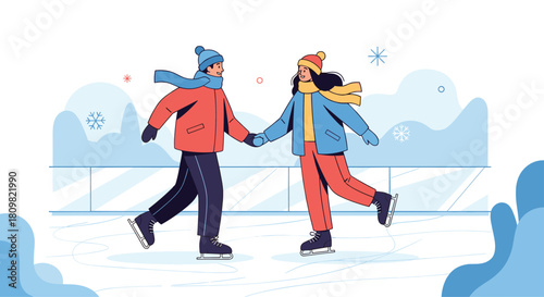 A happy young couple wearing warm winter clothes holds hands while ice skating together on a frozen outdoor rink with snowflakes.