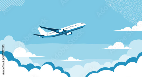 A large passenger airplane is depicted flying high in the blue sky above a layer of fluffy white and blue clouds.