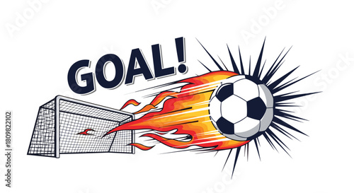 A powerful comic book style illustration of a flaming soccer ball scoring a goal with explosive motion lines behind it.