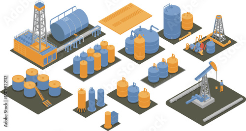 Isometric illustration of industrial oil refinery plant with storage tanks, pipelines, drilling rigs, and worker for petroleum production and energy industry