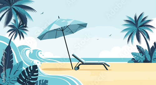 A beautiful tropical beach scene in shades of blue with a lounge chair under an umbrella by the ocean with large waves.